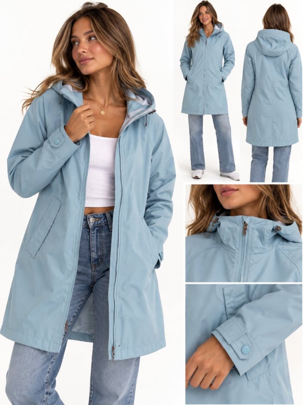 L.L.Bean Women’s XS Light Blue Hooded Rain Jacket Long Waterproof Windbreaker